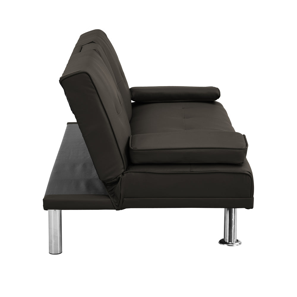 Sofa Bed with Armrest Two Holders WOOD FRAME, STAINLESS LEG, FUTON BROWN PVC,DARK BROWN