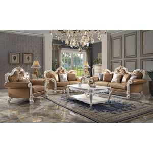 HMS 50 Beige and Pearl Faux Leather Tufted Arm Chair with Toss Pillow Elegant Living Room Furniture