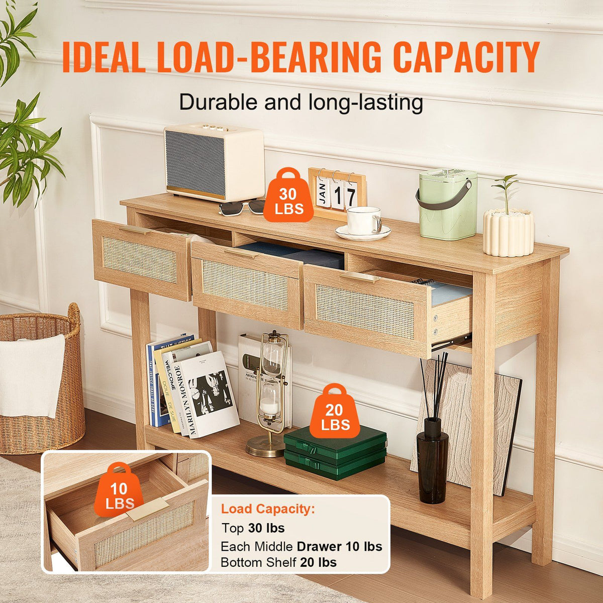 Natural Rattan Console Table with 3 Sliding Storage Drawers