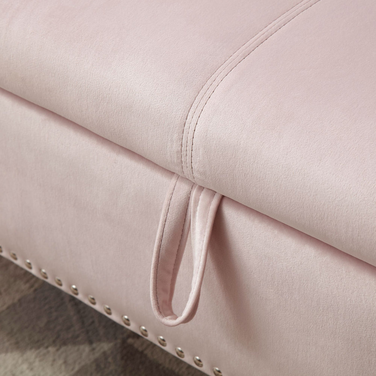 Aijia 63\" Pink Velvet Rectangular Chaise Lounge Stool Multifunctional Storage Tufted Nailhead Trim Solid Wood Legs 1 Pillow