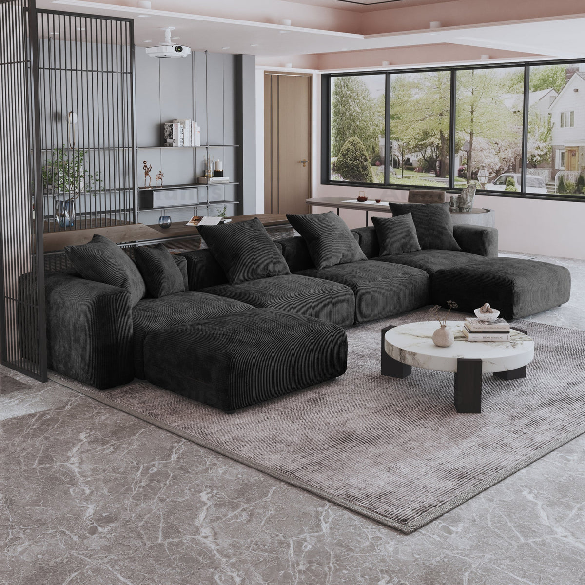 American Vacuum Compressed Black Modular Sectional Sofa Couch Large Corduroy Fabric Sofa Set
