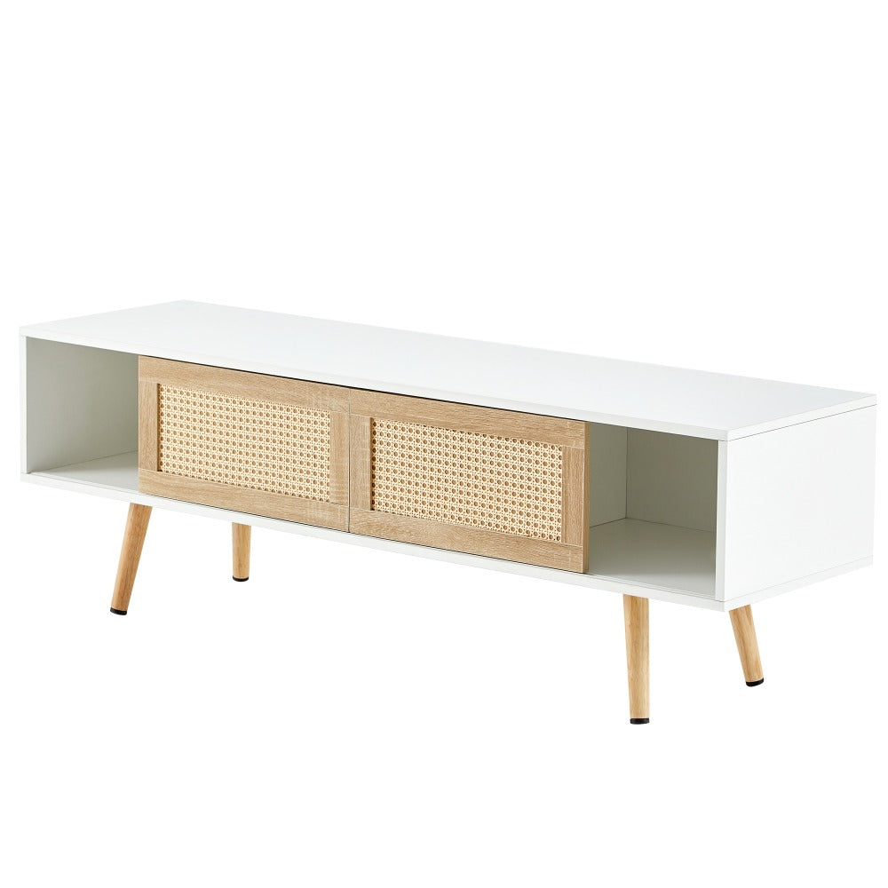 55.12" Rattan TV cabinet, double sliding doors for storage, adjustable shelf, solid wood legs, TV console for living room , Whit