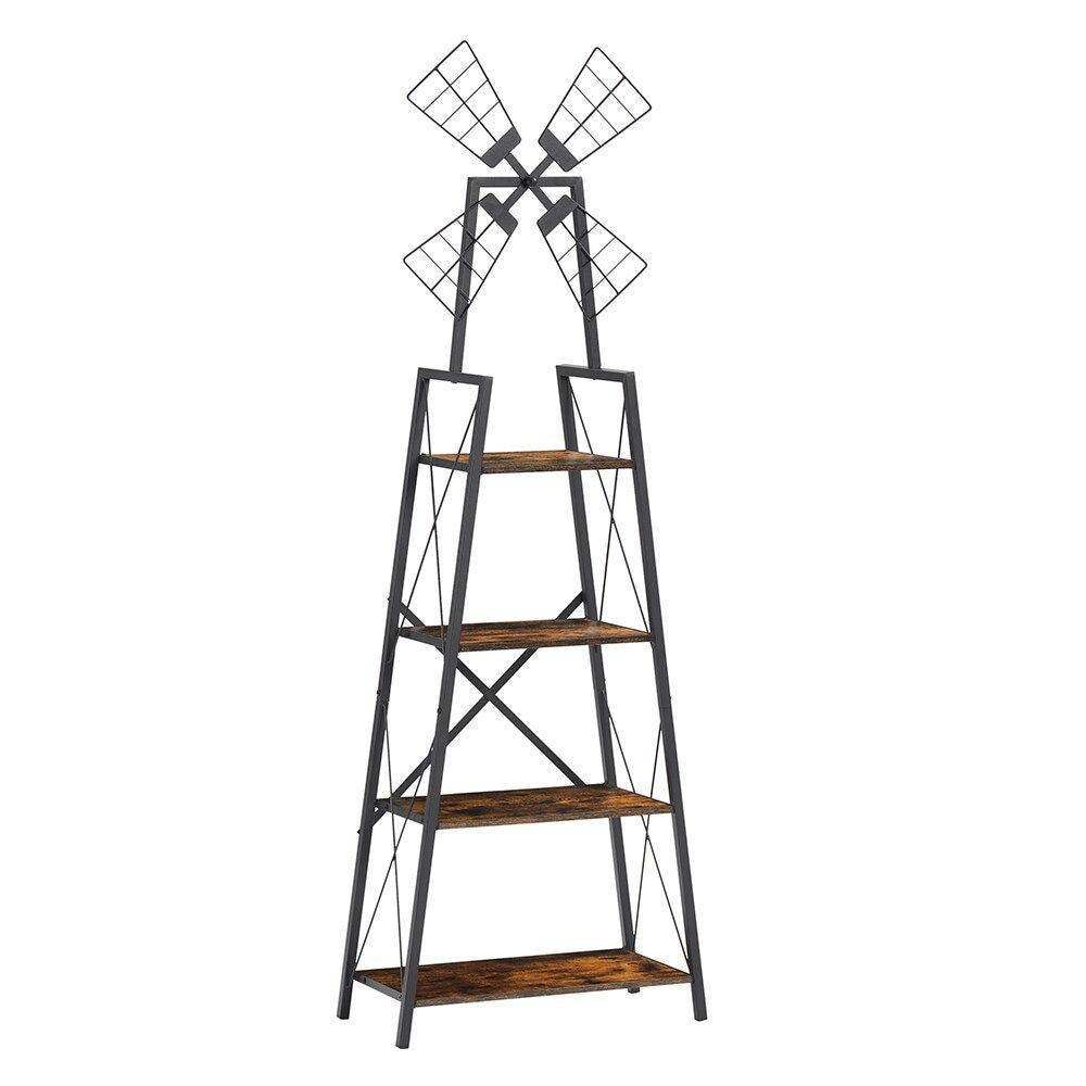 4-Tier Bookshelf with Windmill Metal Frame Display Storage Shelves Bookcase Organizer for Living Room & Home Office