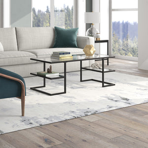 HMS 47\" Black Glass and Steel Coffee Table with Two Shelves Elegant Living Room Furniture for Home Use