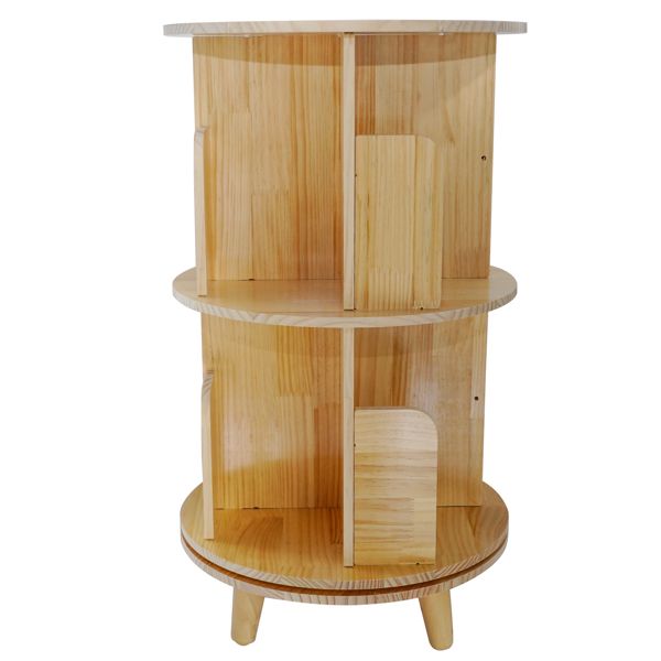 2-Layer 360-Rotation Pine Wood Bookcase Display Rack and Bookshelf