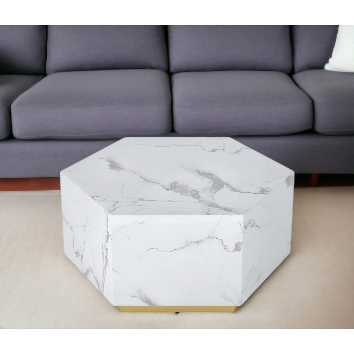 HMS 35 White and Gold Faux Marble Hexagon Drum Coffee Table