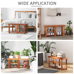 3-Tier Acacia Wood Shoe Storage Bench with Teak Finish for Hallway Shoe and Boot Organizer