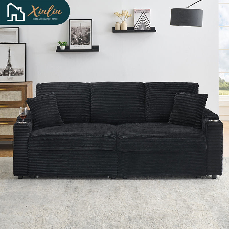 Free Shipping US 80-inch Two-in-one Pull-out, Foldable and Hidden Chaise Longue Corduroy Sofa With Cup Holders and Pillows