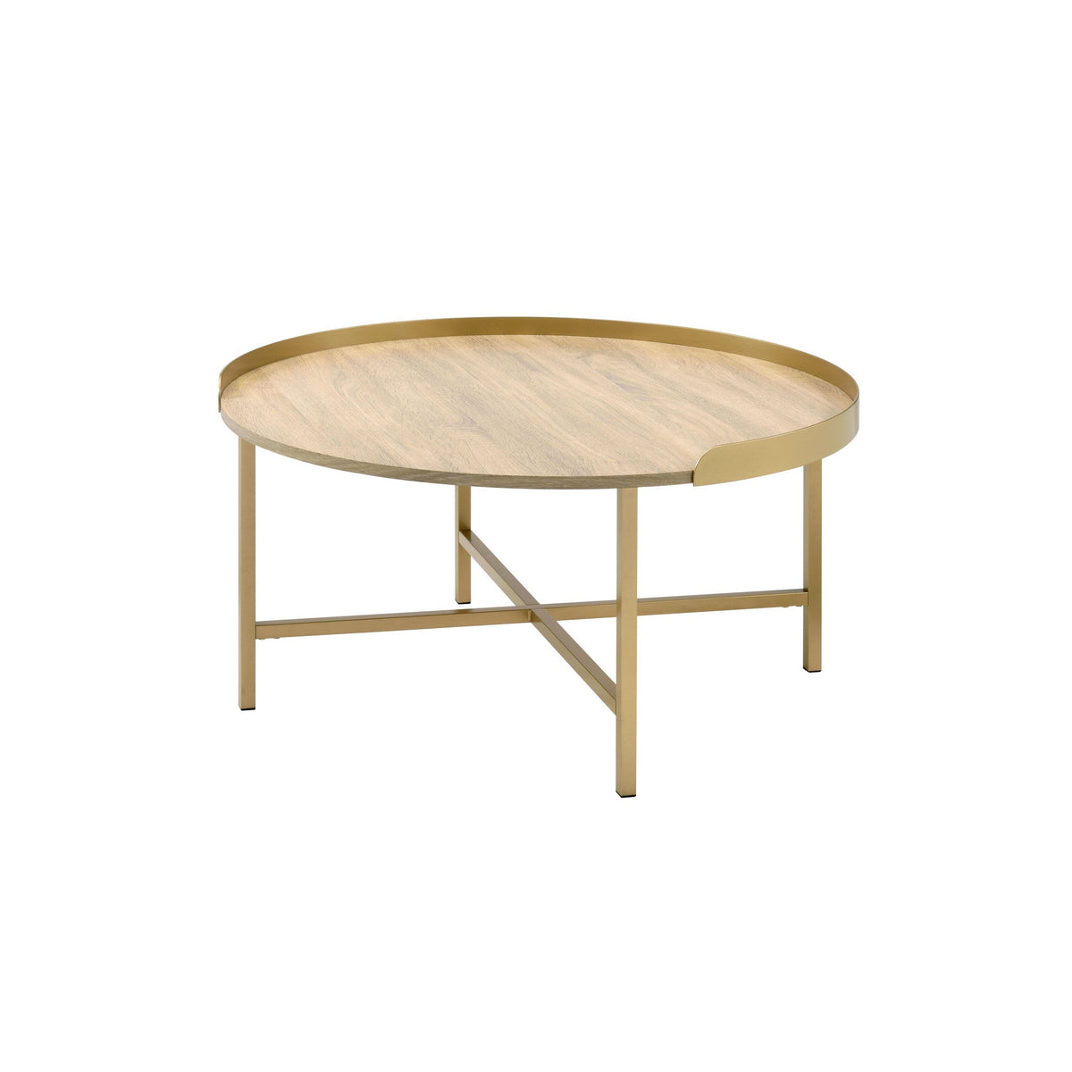 HMS 34\" Convertible Oak and Gold Wood and Metal Round Sled Coffee Table Farmhouse Style Tea Table for Living Room Use