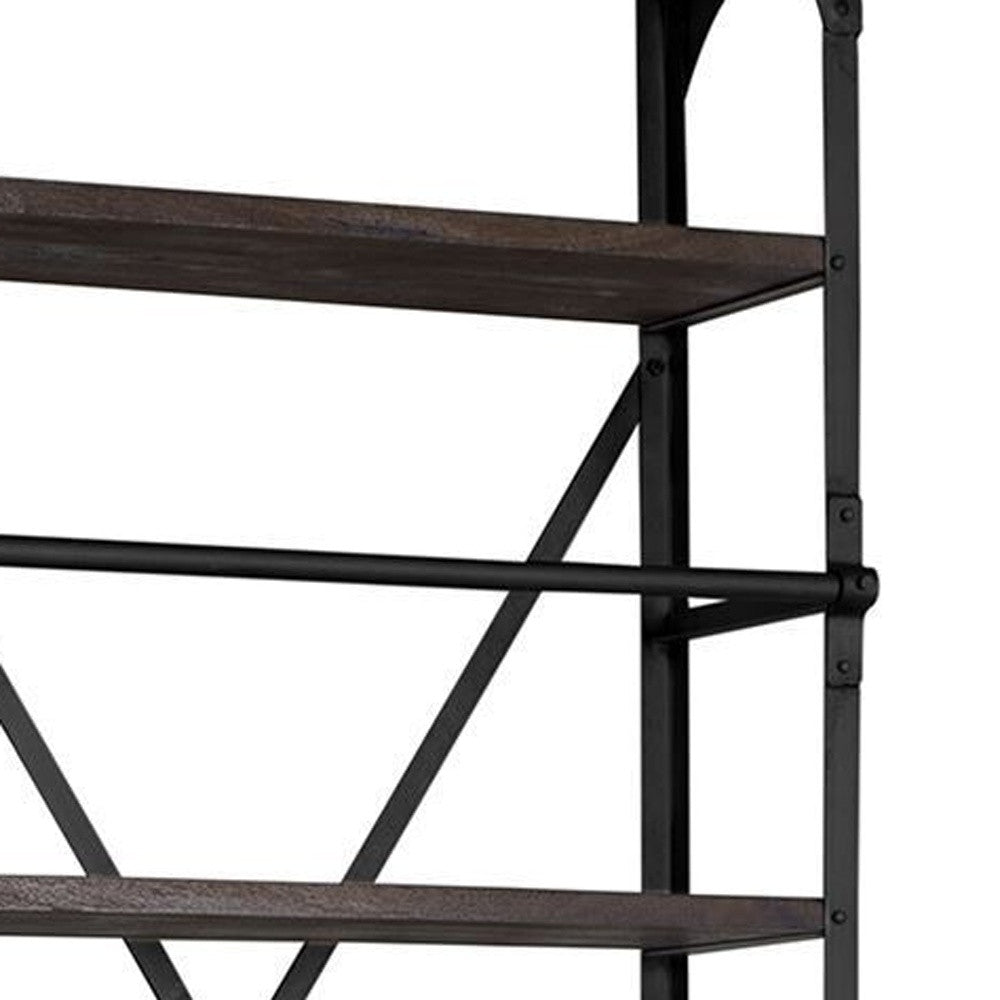 HMS Traditional Contemporary Five Tier Bookshelf Solid Wood Black Iron with Two Drawers for Home Office Workshop Hotel Use