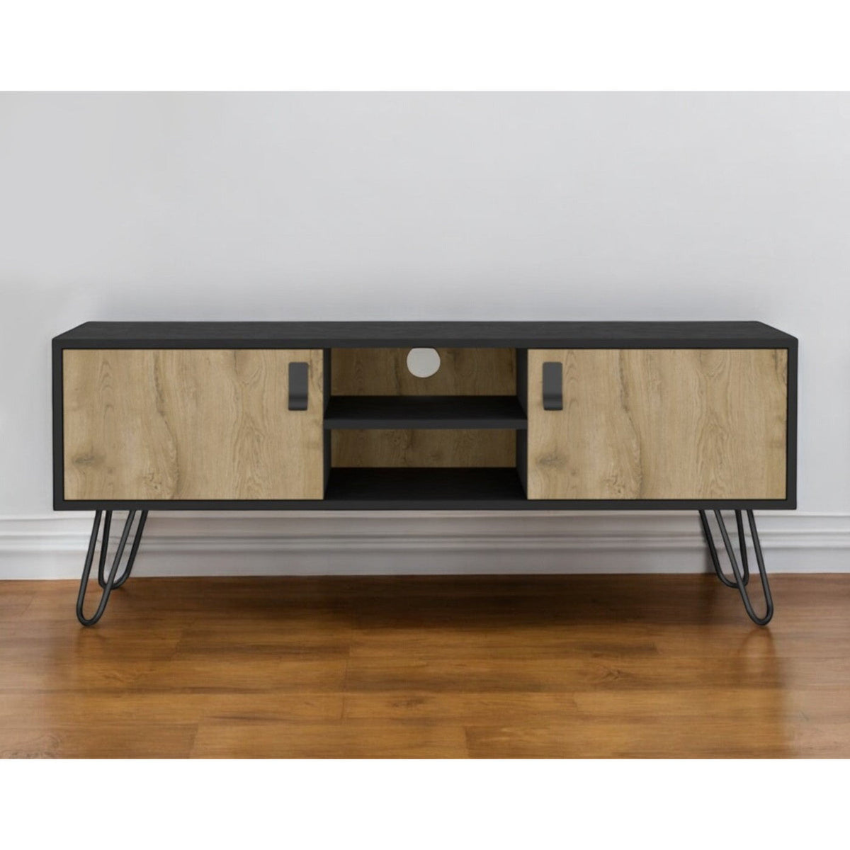 HMS 48\" Beige and Black TV Stand with Open and Enclosed Storage Cabinets
