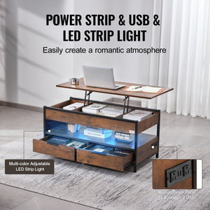 39.4\" Rectangle Lift Top Coffee Table with Light & USB Port Brown