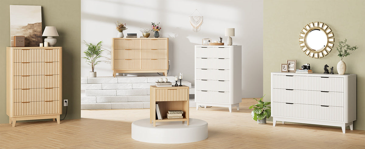 Modern Natural Oak Fluted 6-Drawer Dresser Power Outlet Curved Profile Design for Bedroom Clothing Storage TV Stand Closet