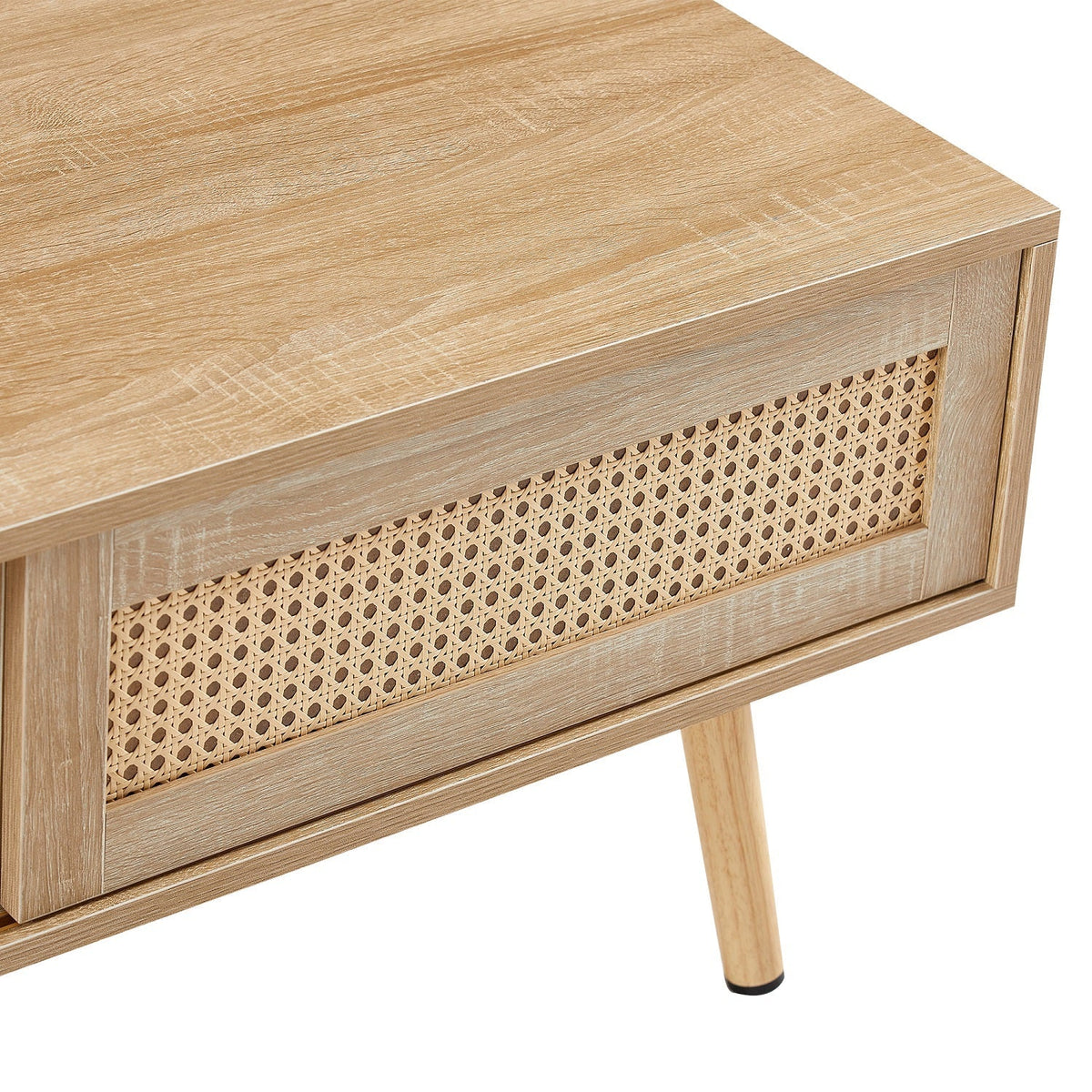 Rattan Coffee Table with Sliding Doors & Open Storage Shelf, Mid-Century Center Table for Small Space, Natural