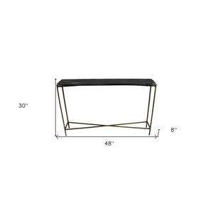 HMS 48\" Rustic End Table Black Gold Stone Frame Console for Living Room Bedroom Hotel Accent Wood Glass for Decorative Use