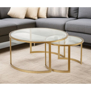 Set of Two Round Gold Glass and Steel Nested Coffee Tables HMS Style