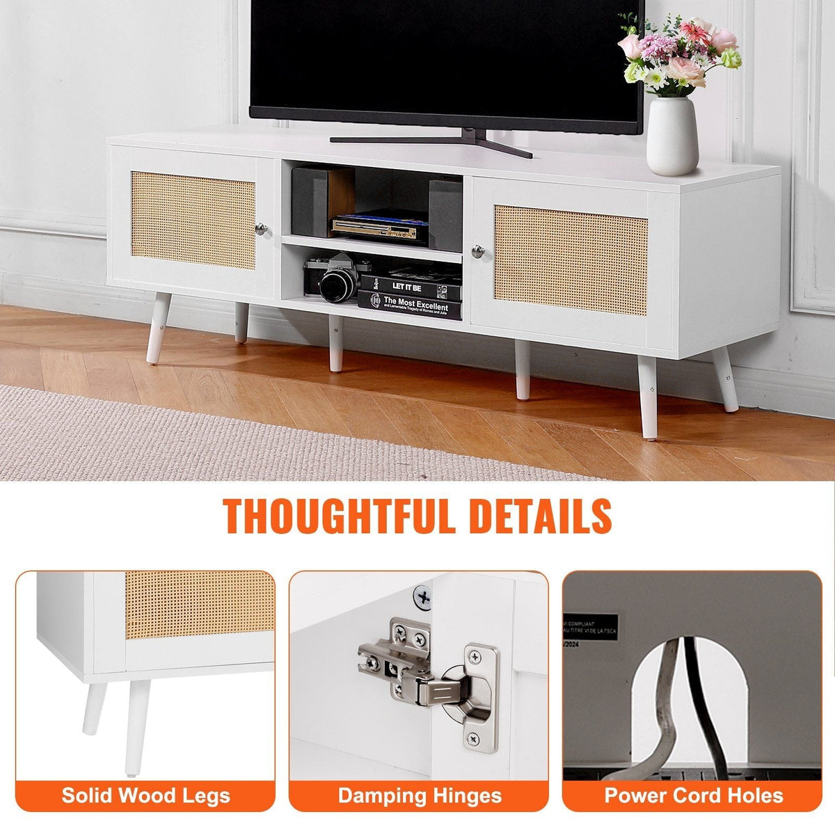 Modern Boho 65-Inch TV Stand Rattan Door White Entertainment Center Living Room Media Room USB Socket Ports for Home Theater