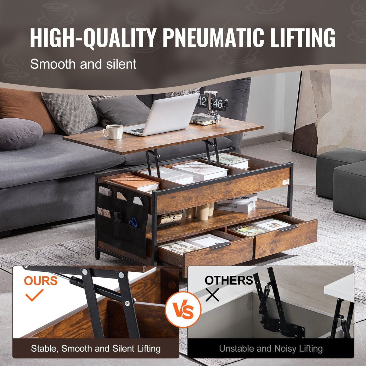 39.4\" Rectangle Lift Top Coffee Table with Light & USB Port Brown