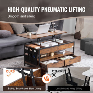 39.4\" Rectangle Lift Top Coffee Table with Light & USB Port Brown