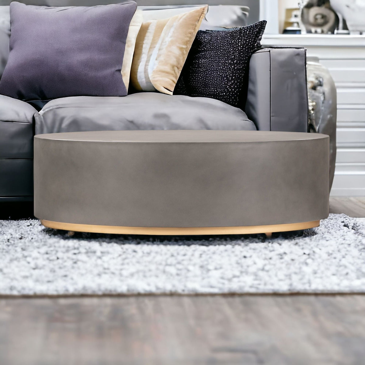 HMS 28\" Gray and Brass Oval Coffee Table Elegant Concrete and Brass Design