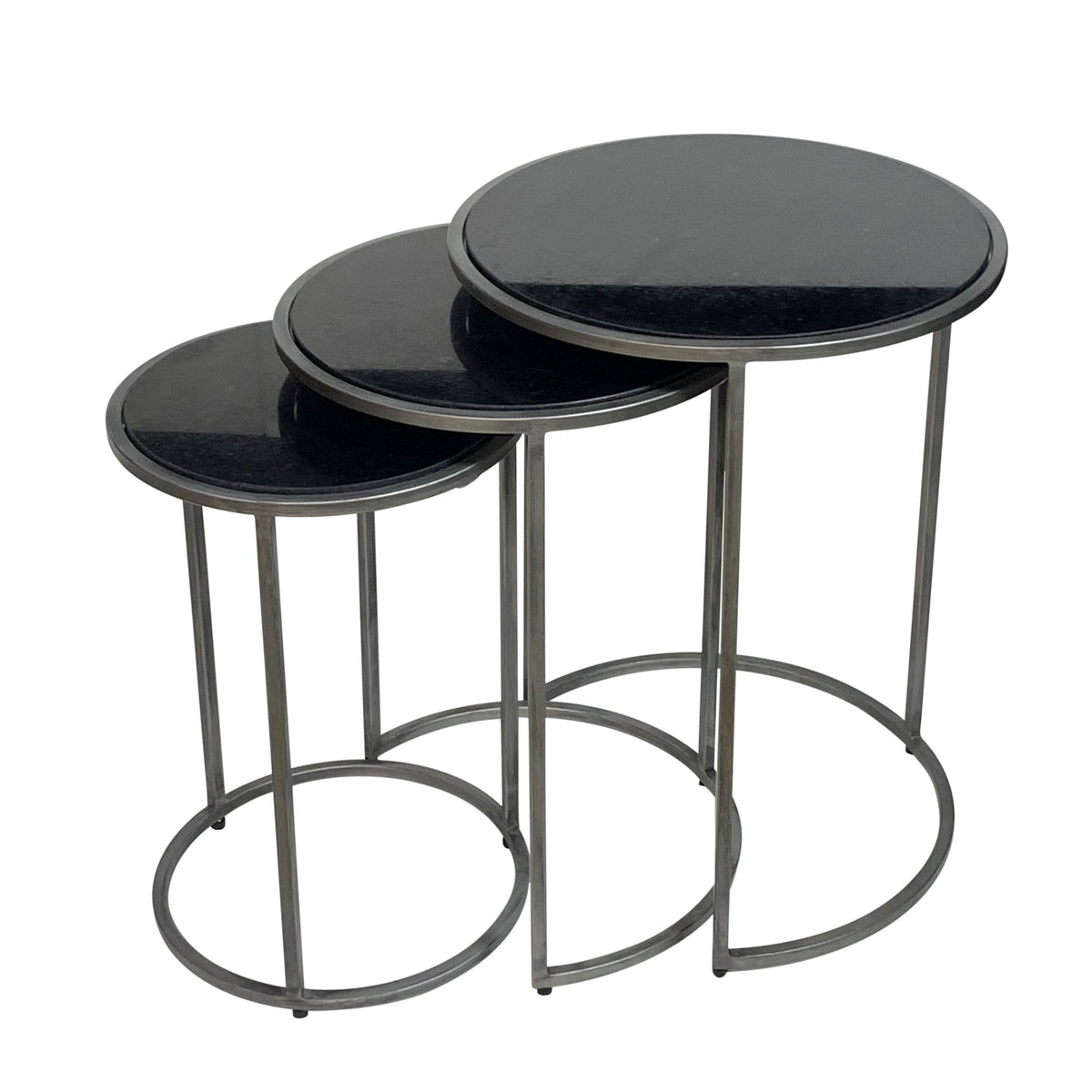 Set of Three Black and Gray Marble Nested Tables with Iron Round Frames for Living Room