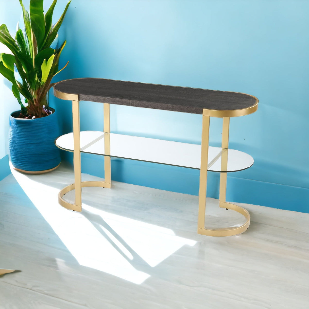 HMS 49\" Gray and Gold Solid Wood Oval Sled Console Table with Storage Elegant Coffee Table Design