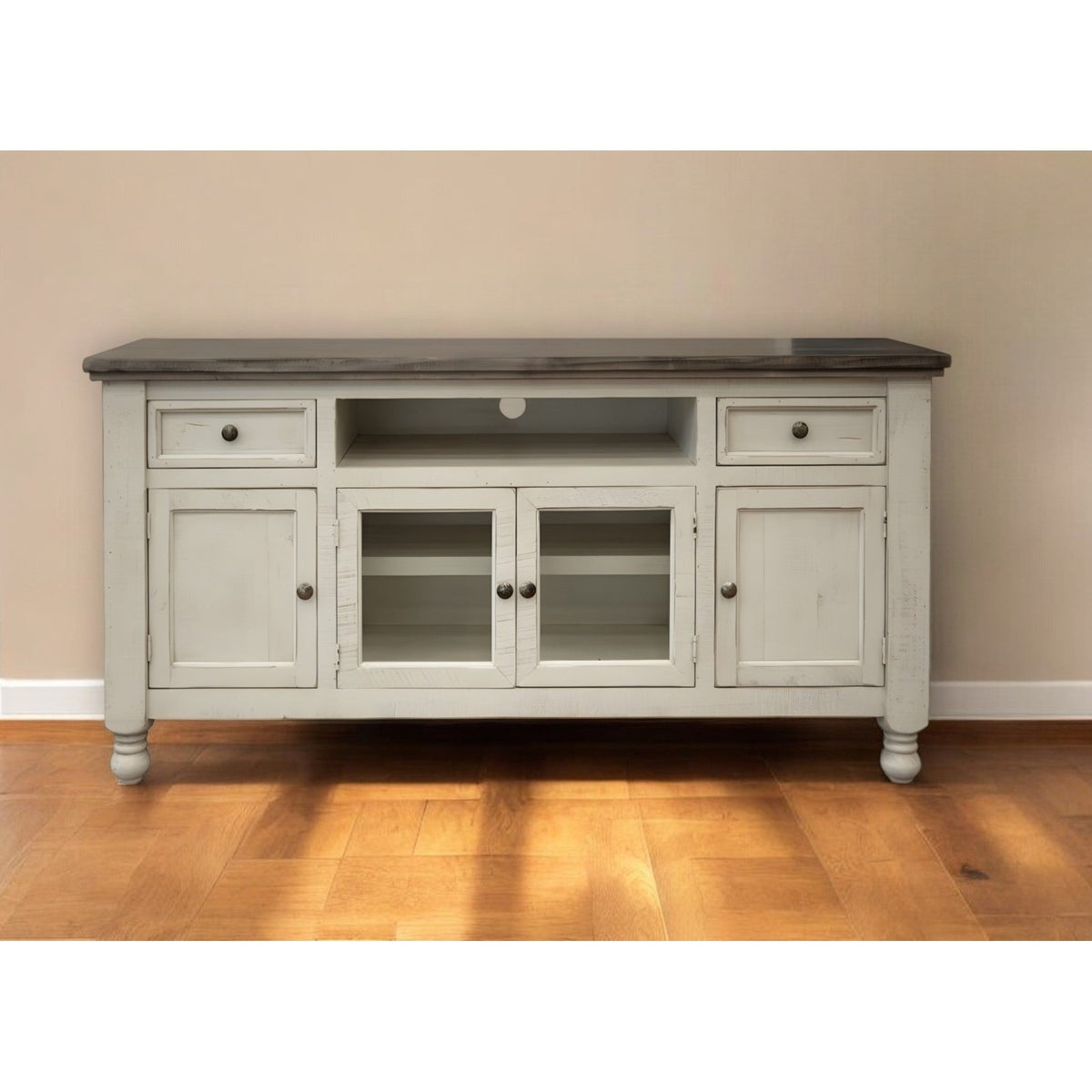 HMS 60 Ivory Solid Wood Open Shelving Distressed TV Stand