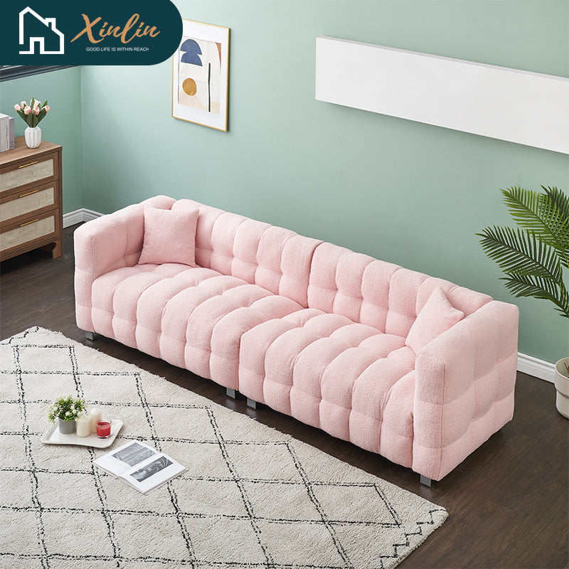 Free Shipping 102-Inch Pink Teddy Fleece Sofa for Living Room, Bedroom, or Apartment - Includes Two Chic Throw Pillows