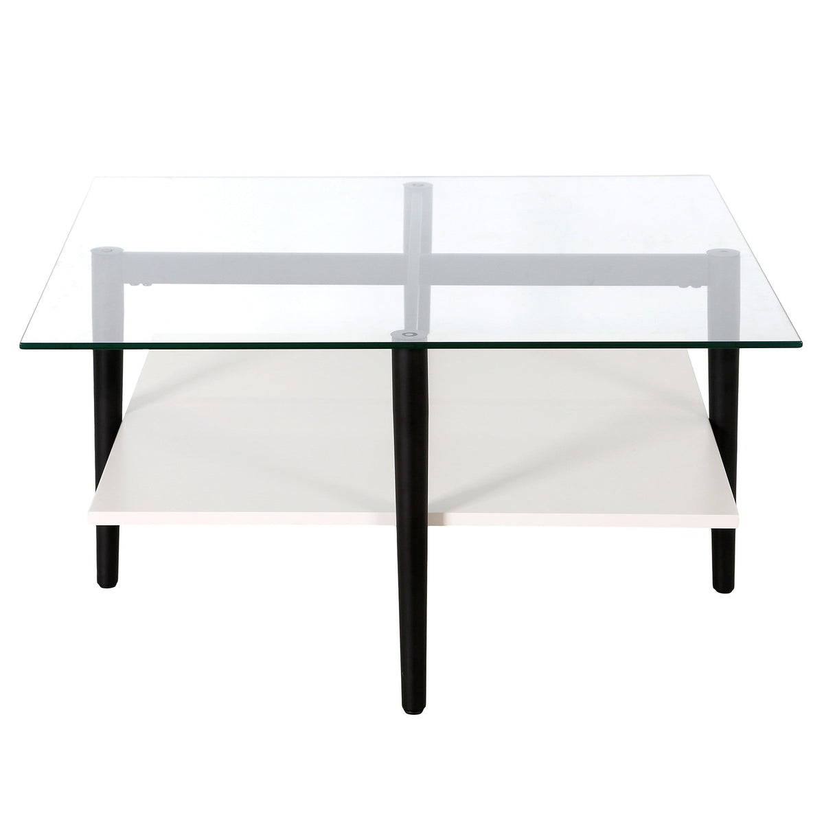 HMS 32\" White and Black Glass and Steel Square Coffee Table with Shelf