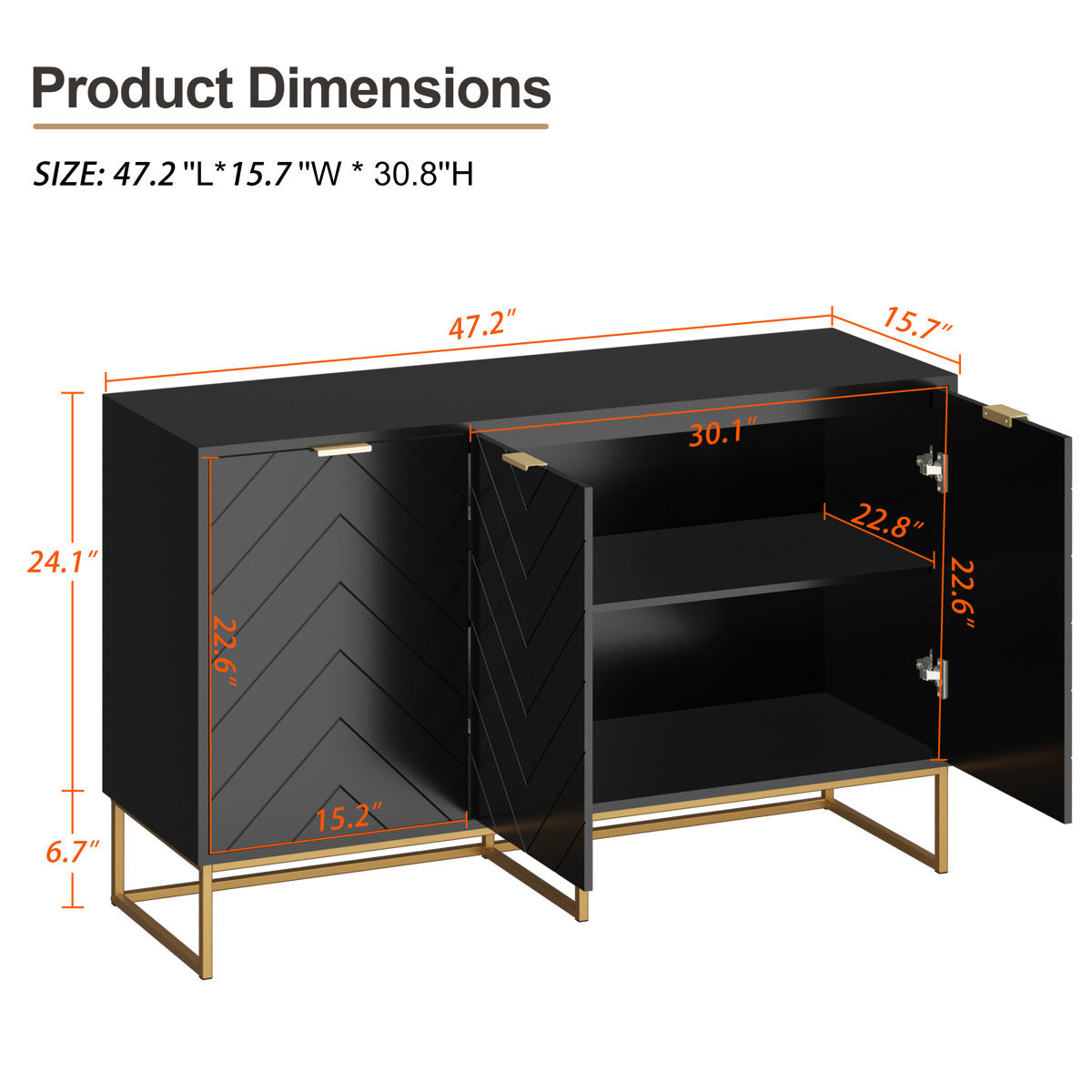 US Overseas Warehouse Free Shipping Black Storage Buffet Cabinet 3 Doors Sideboard Cabinet with Adjustable Shelf