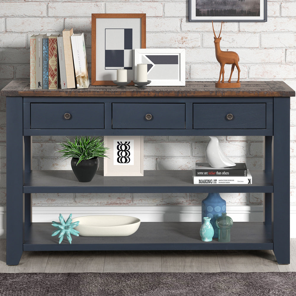 48'' Solid Pine Wood Top Console Table, Modern Entryway Sofa Side Table with 3 Storage Drawers and 2 Shelves