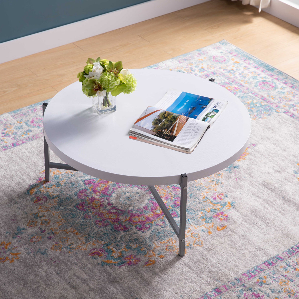 HMS 37\" White and Silver Round Coffee Table with Wood and Stainless Steel Finish