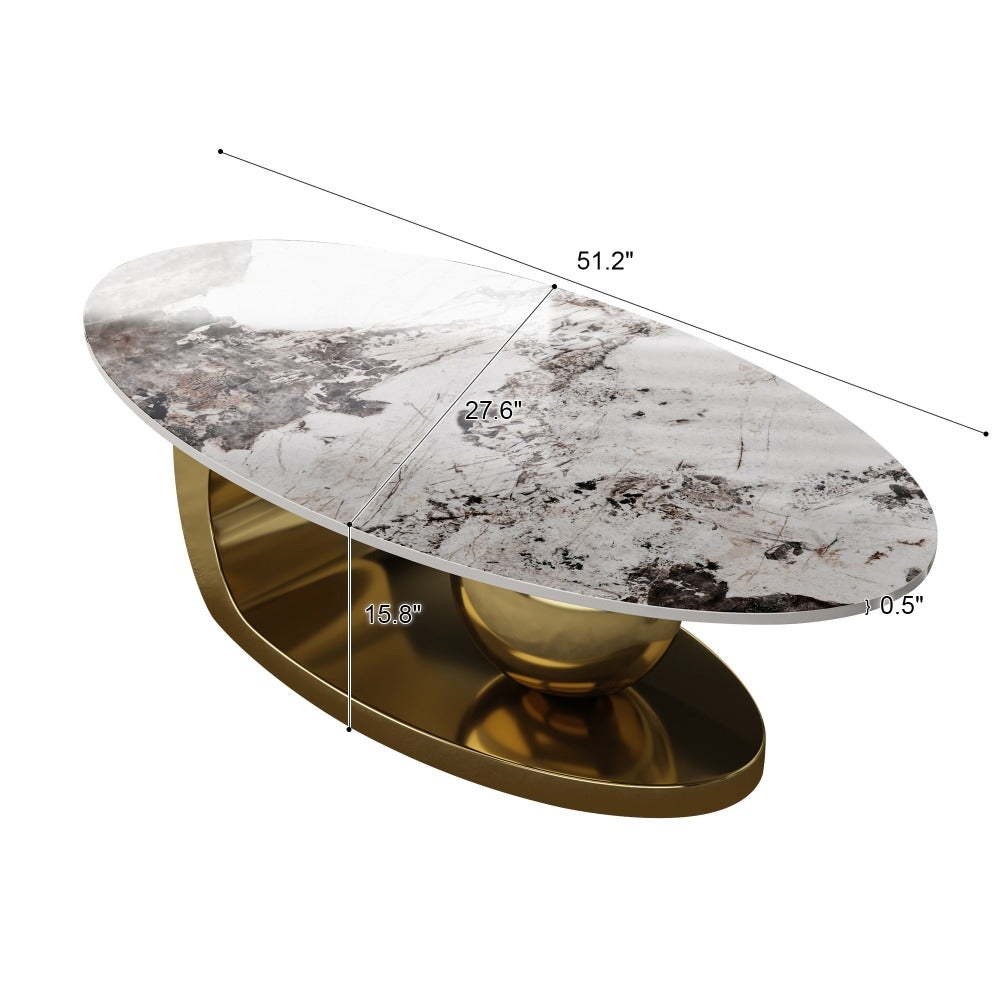 51 Inches Oval Faux Marble Coffee Table With Stainless Steel Base