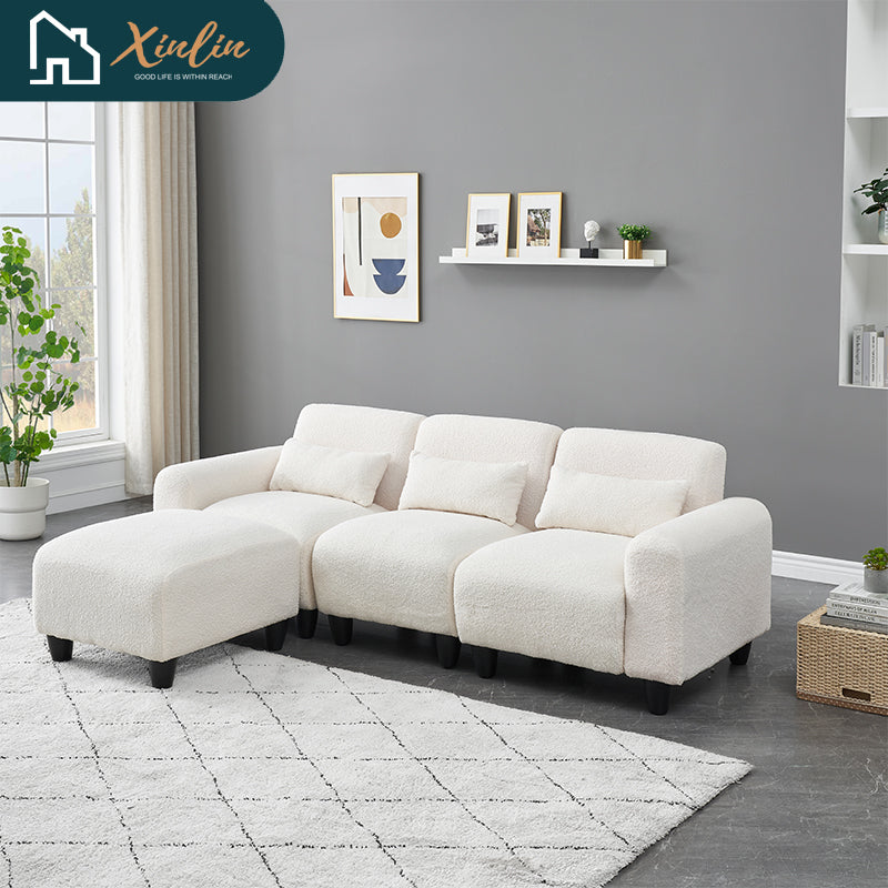Modern 84.6-inch Beige Teddy Fleece Sofa Creatively Assembled Into a Two-Seater with Single Couch From American Warehouse