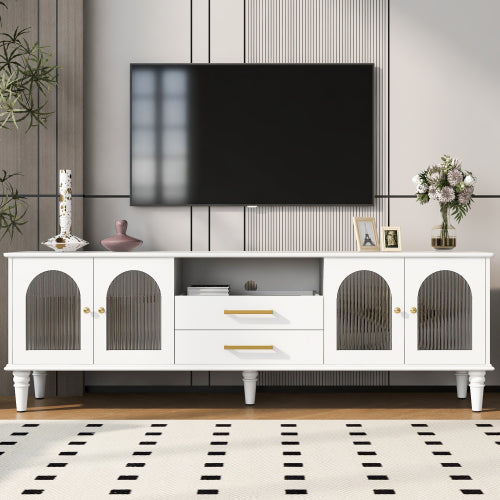 68.9'' Retro TV Stand for TVs up to 75 Inches, Entertainment Center Media Console with Fluted Glass Doors