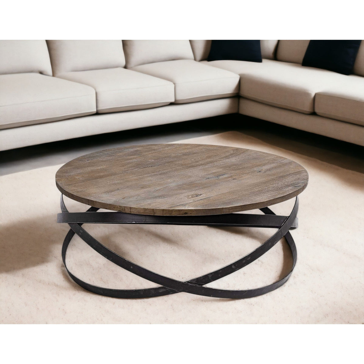 Solid Wood and Metal Round Coffee Table HMS 41 in Brown and Black-Durable and Stylish