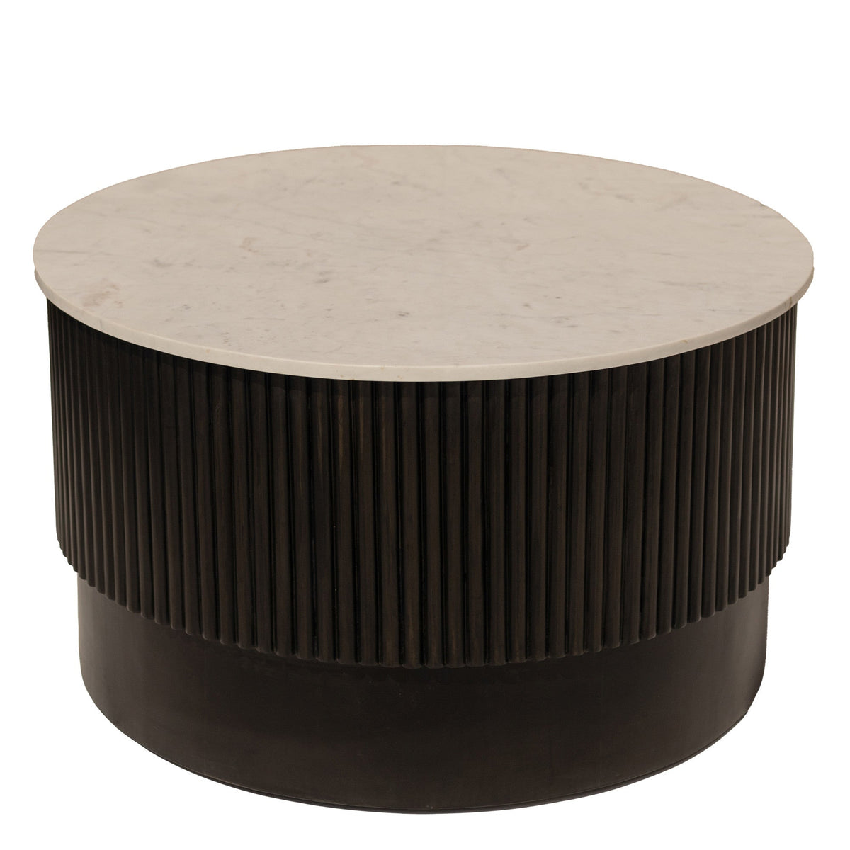 HMS 31\" White and Dark Brown Genuine Marble Drum Coffee Table with Solid Wood Round Design
