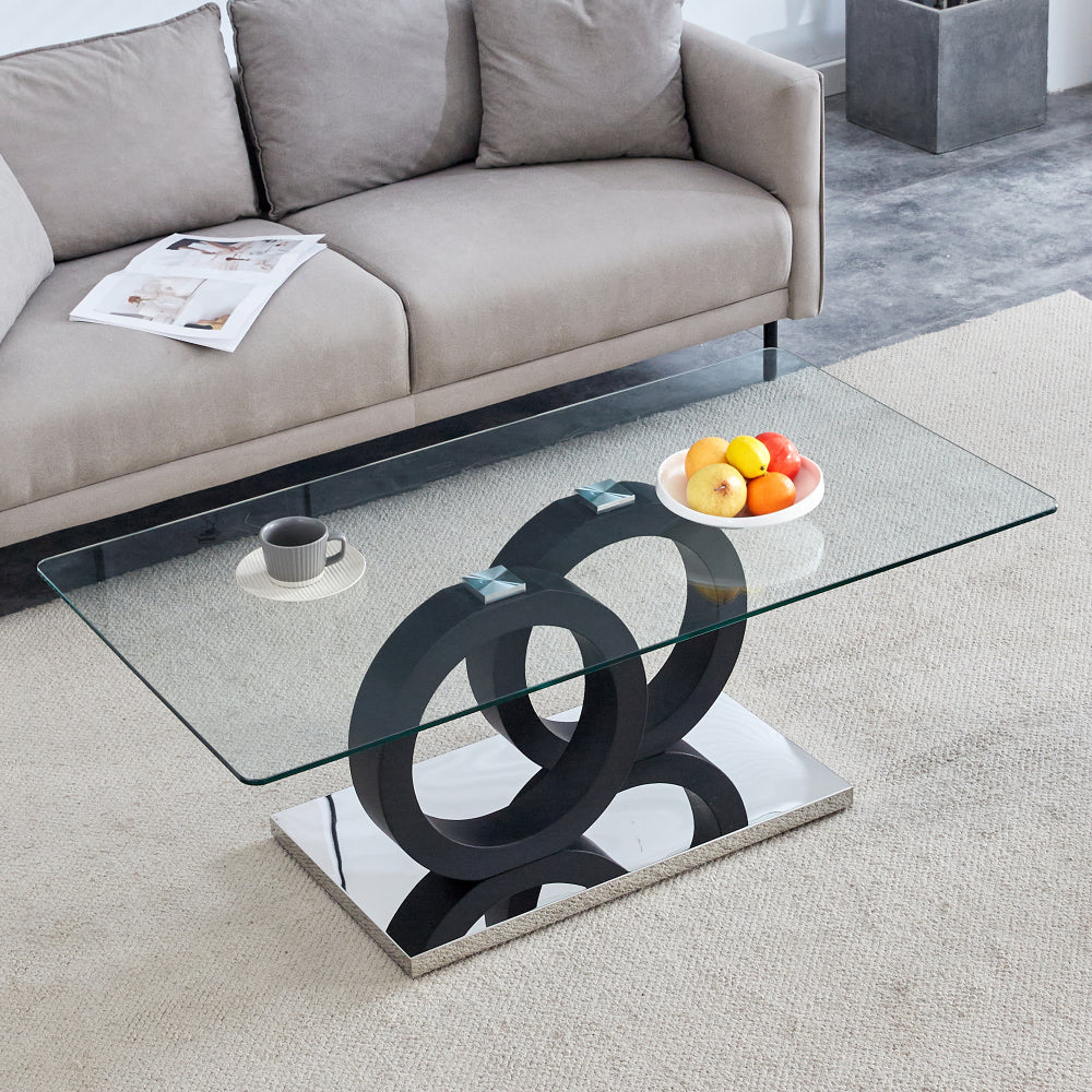 Modern Style Glass Top MDF Coffee Table with Black Base, Suitable for Living Rooms and Lounge Areas