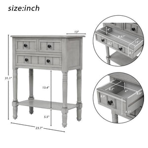 Gray Wash Narrow Console Table with Three Storage Drawers and Bottom Shelf Easy Assembly Slim Sofa Table for Living Room