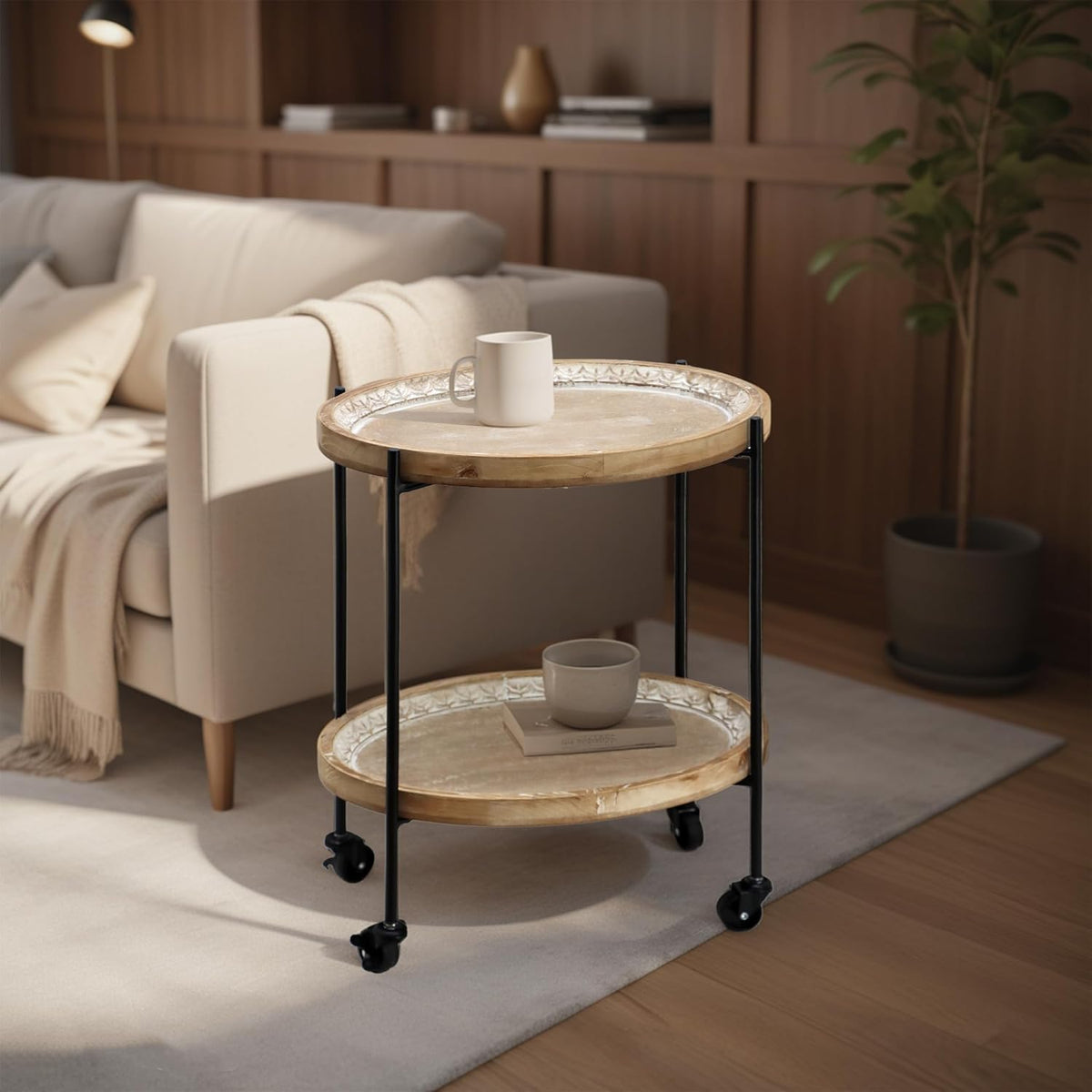 PARISLOFT Farmhouse End Table with Wheels, 2 Tier Side Table with Tray Top, Metal and Wood Rolling Coffee Table for Sofa, Kitche