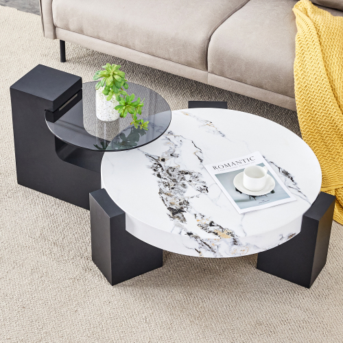 Modern Simple Double-Layer Coffee Table Transparent Gray Glass Top Black MDF L-Shaped Detachable Design Provides Flexible Use