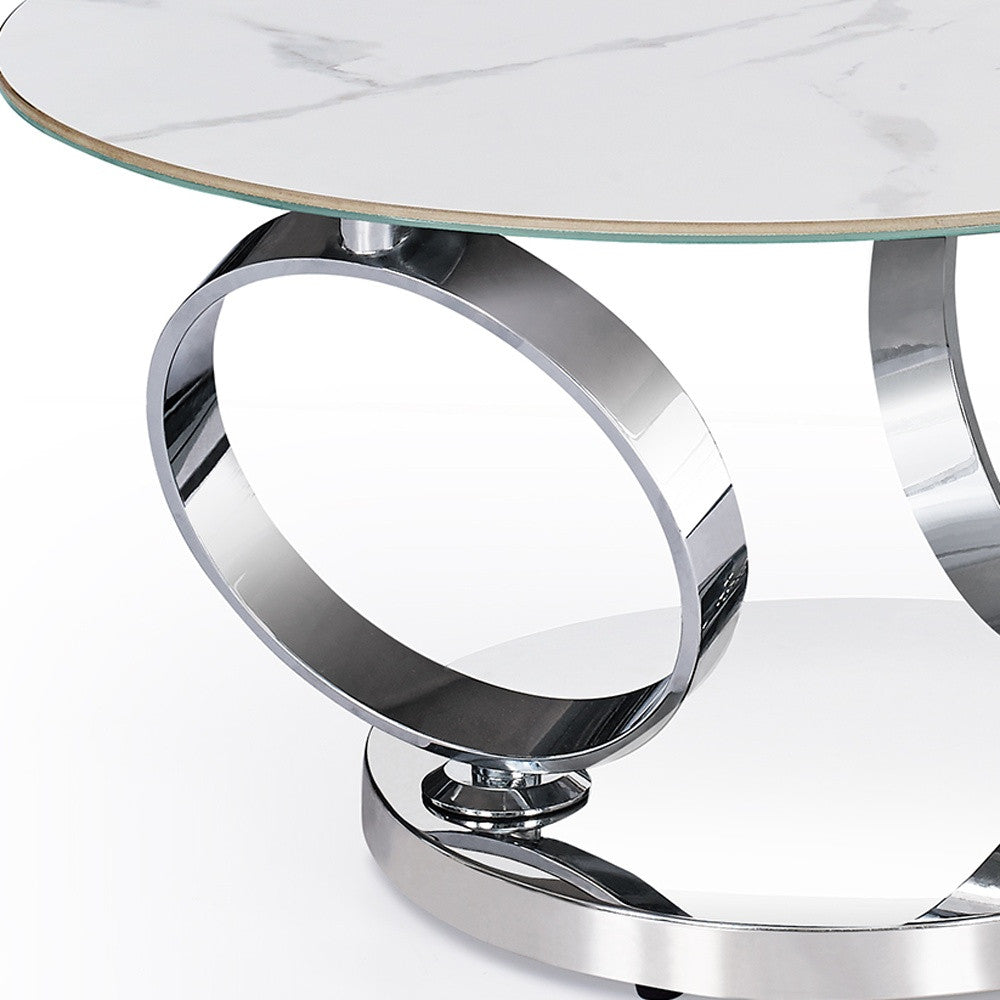 HMS 32\" White and Silver Ceramic Tile and Metal Round Abstract Coffee Table