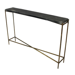 HMS 48\" Rustic End Table Black Gold Stone Frame Console for Living Room Bedroom Hotel Accent Wood Glass for Decorative Use