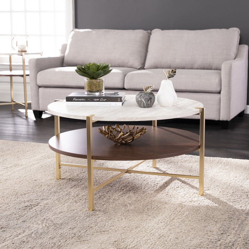 HMS 33 Solid Brass Coffee Table Handmade Wood and Metal Round Design