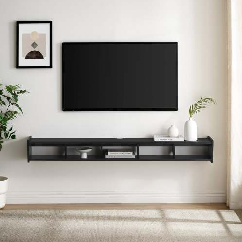 FCJ Contemporary Wall-Mounted Floating TV Stand Solid Black Foldable Modern TV Console Furniture for Living Room Solid Panel