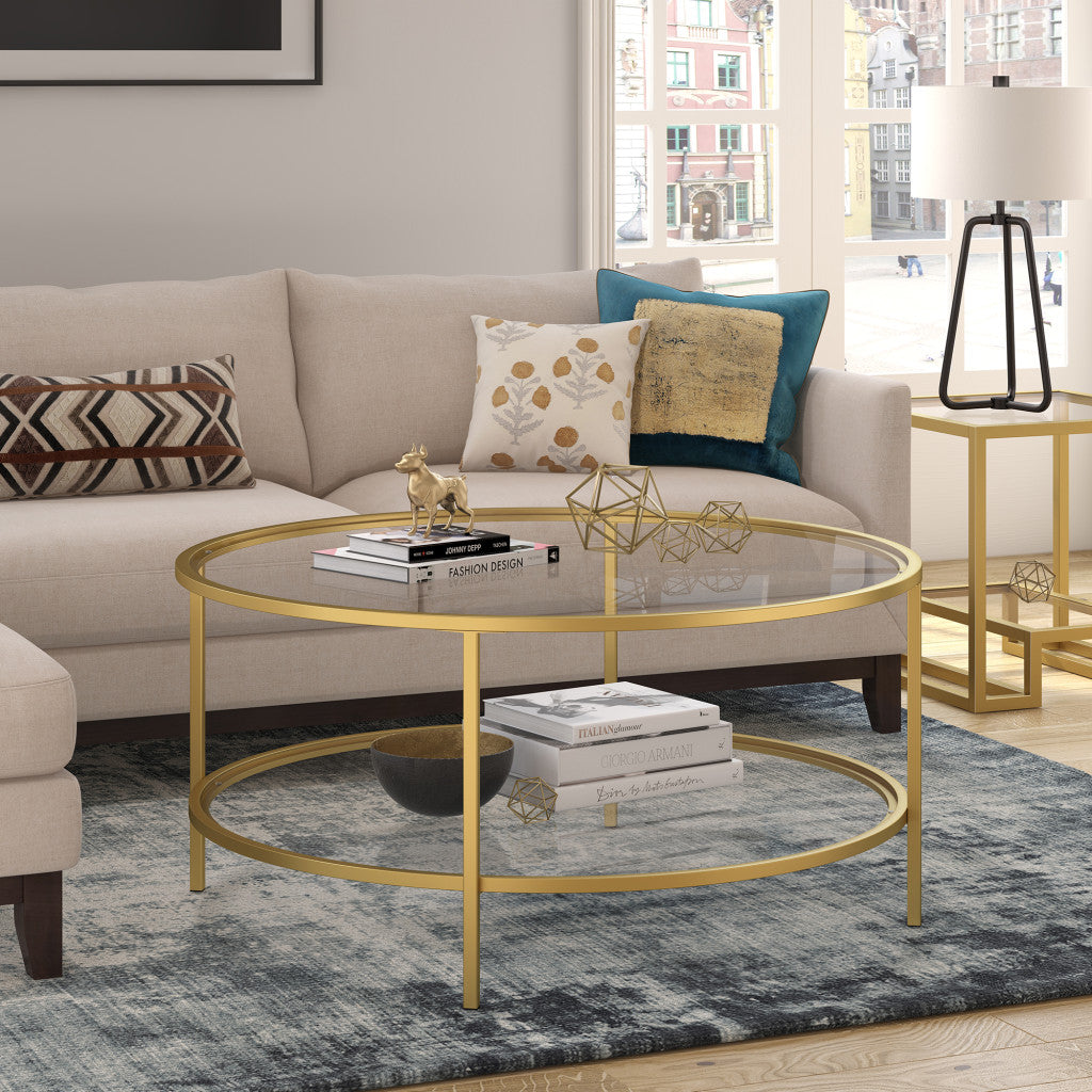 HMS 36\" Round Coffee Table with Gold Glass Top Steel Frame Tempered Sintered Stone Shelf for Living Room Entry Luxury Furniture