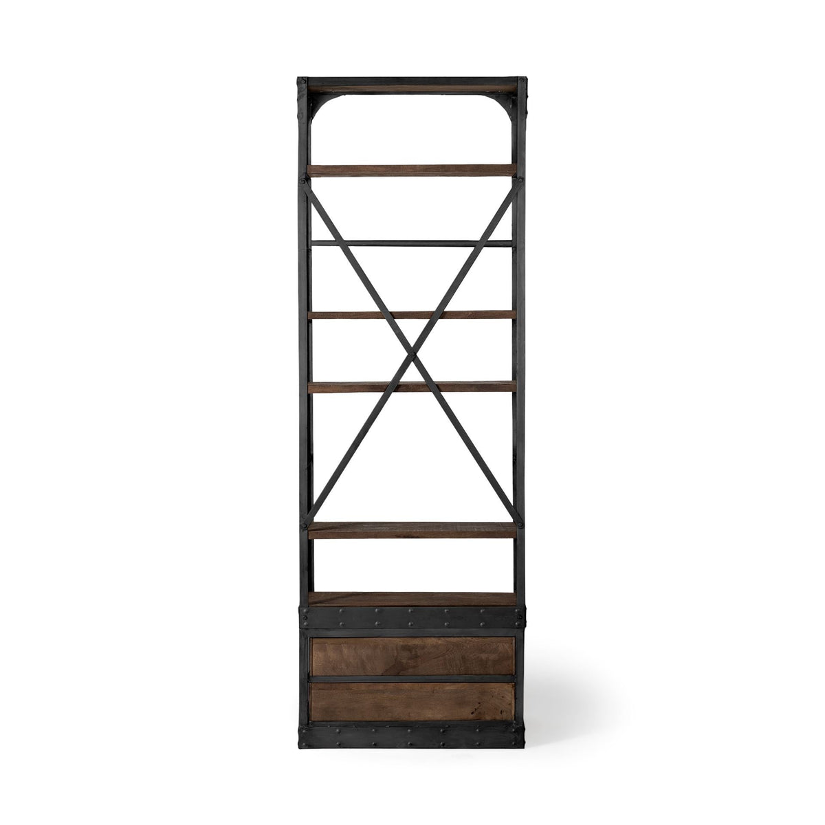 HMS Traditional Contemporary Five Tier Bookshelf Solid Wood Black Iron with Two Drawers for Home Office Workshop Hotel Use
