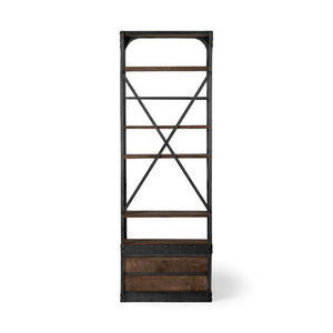 HMS Traditional Contemporary Five Tier Bookshelf Solid Wood Black Iron with Two Drawers for Home Office Workshop Hotel Use