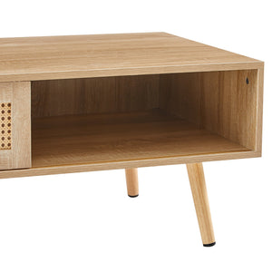 Rattan Coffee Table with Sliding Doors & Open Storage Shelf, Mid-Century Center Table for Small Space, Natural