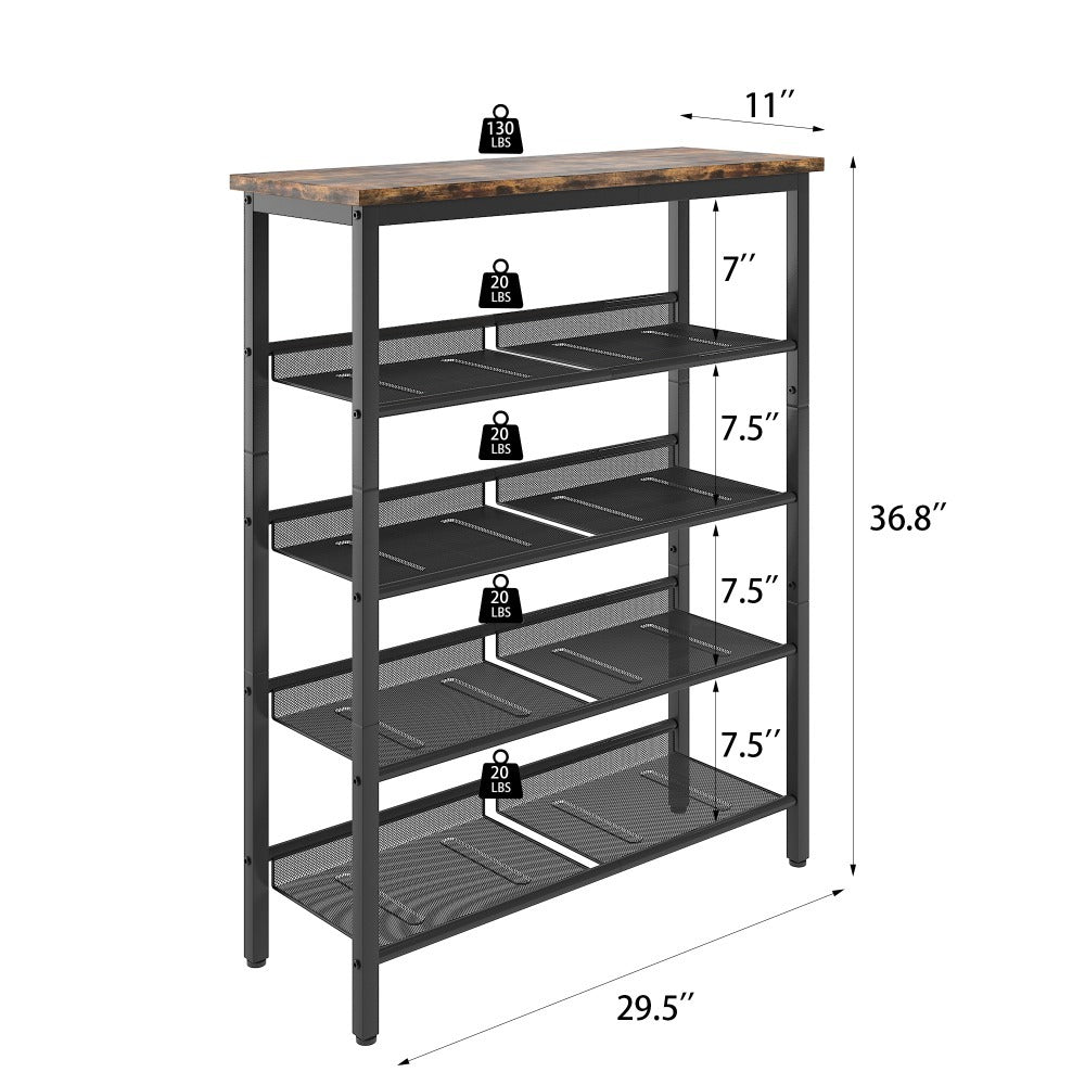 Industrial Shoe Rack, Adjustable Country Style 5-layer Shoe Rack Storage Rack, with 4 Mesh Shelves, Suitable for Entrance